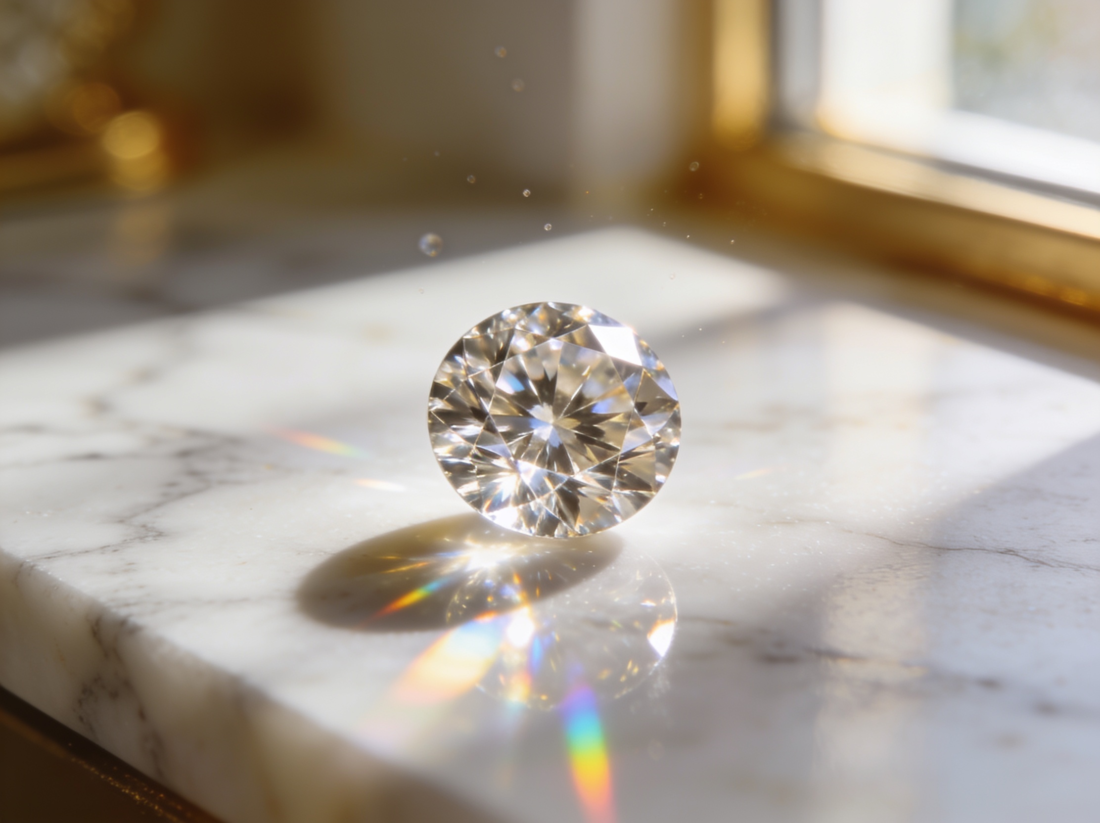 Lab-grown diamond on white marble with light refraction