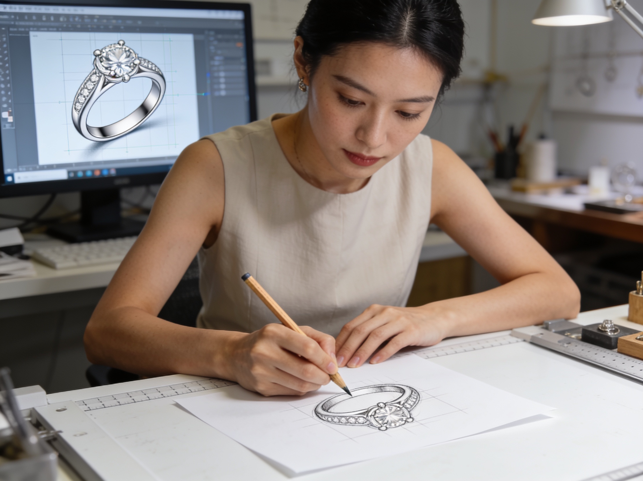Jewellery designer sketching a custom engagement ring